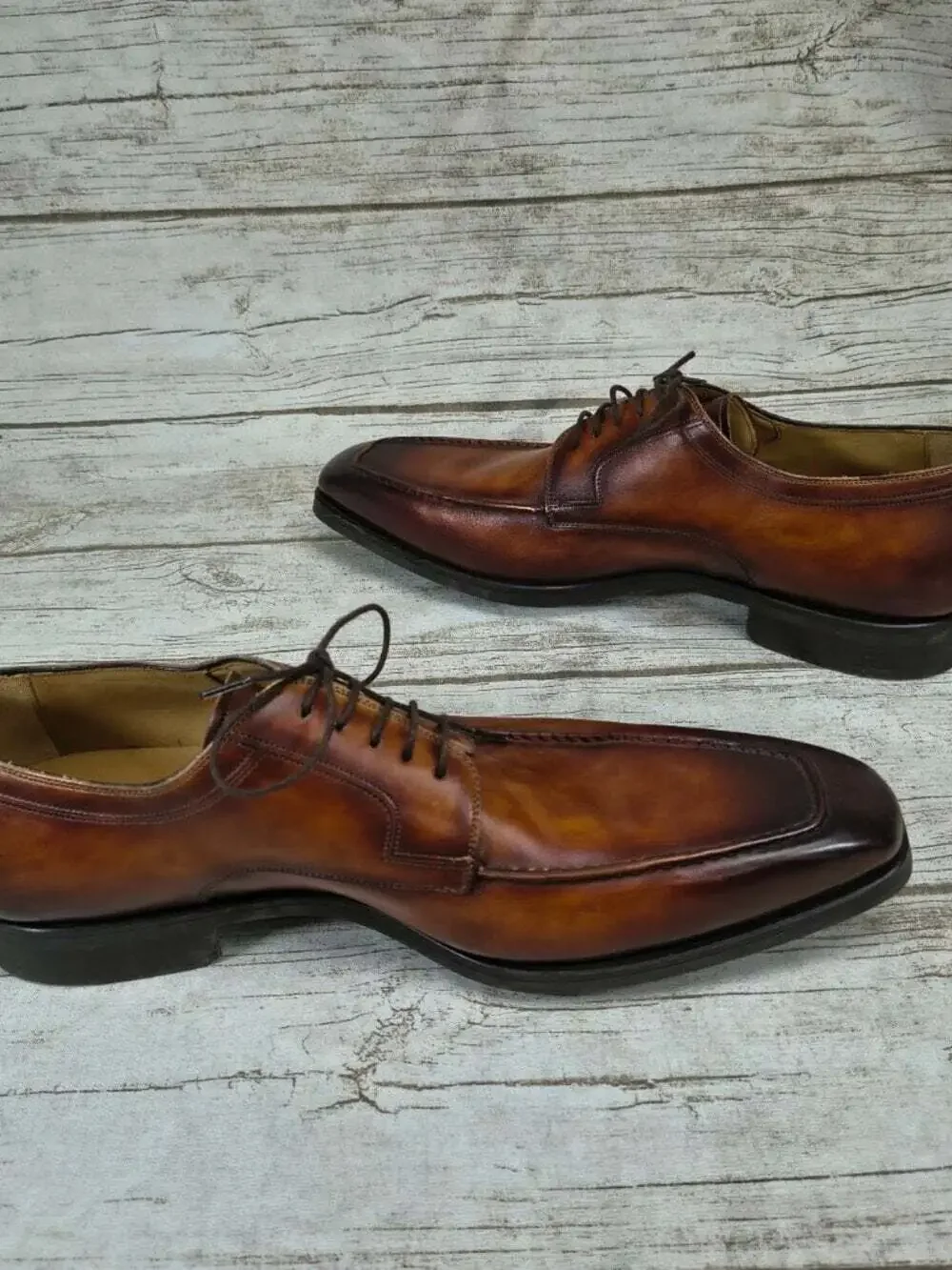 MAGNANNI Diversa Cognac Brown Burnished Leather Moc Toe Oxfords Mens 13 M Spain